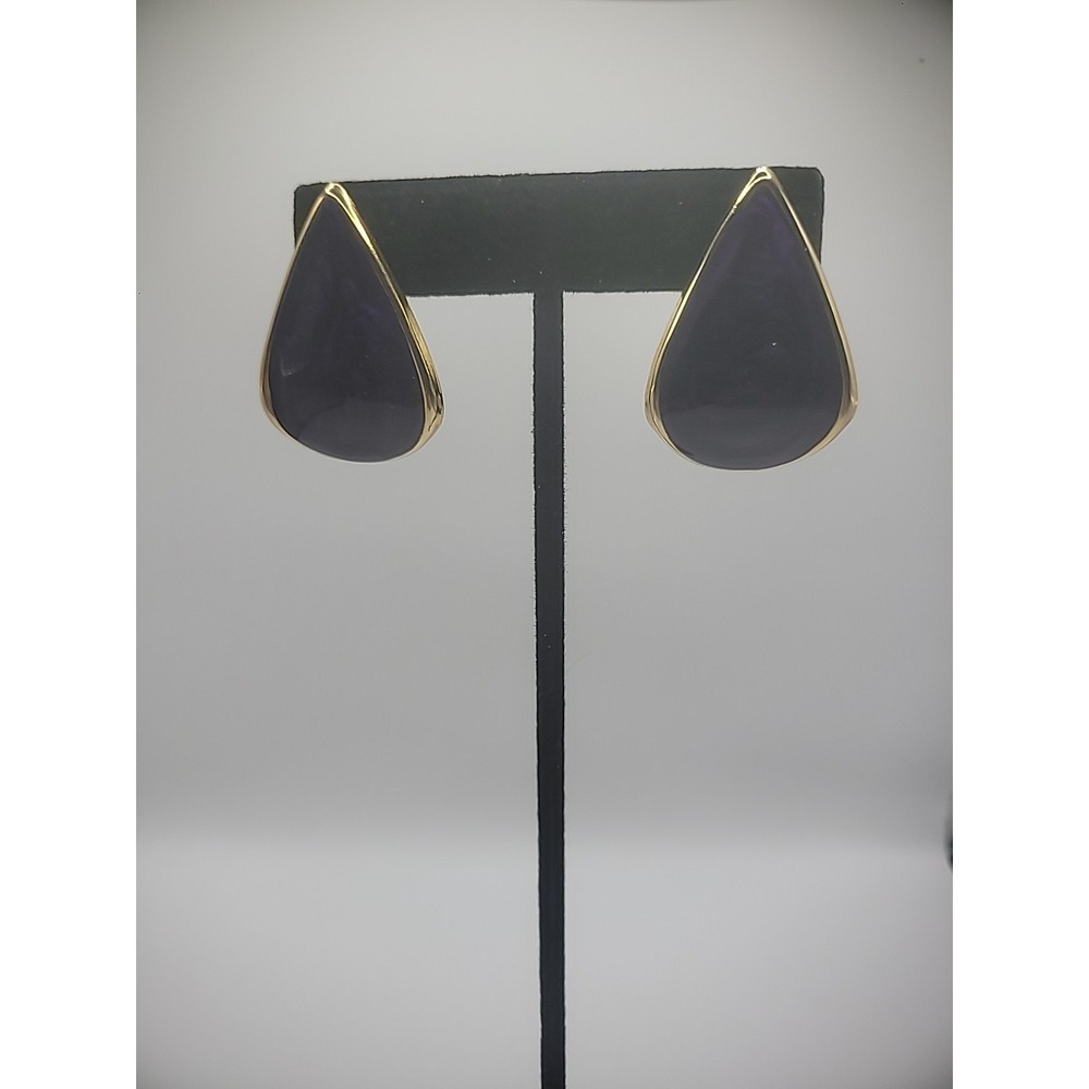 Vintage Gold Tone Earrings Pierced Teadrop Shape Purple Womens Jewelry Costume